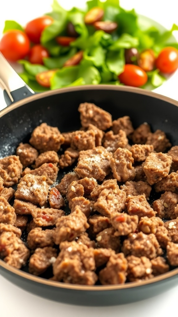 A skillet of browned ground beef seasoned with salt and pepper, served with a fresh salad.